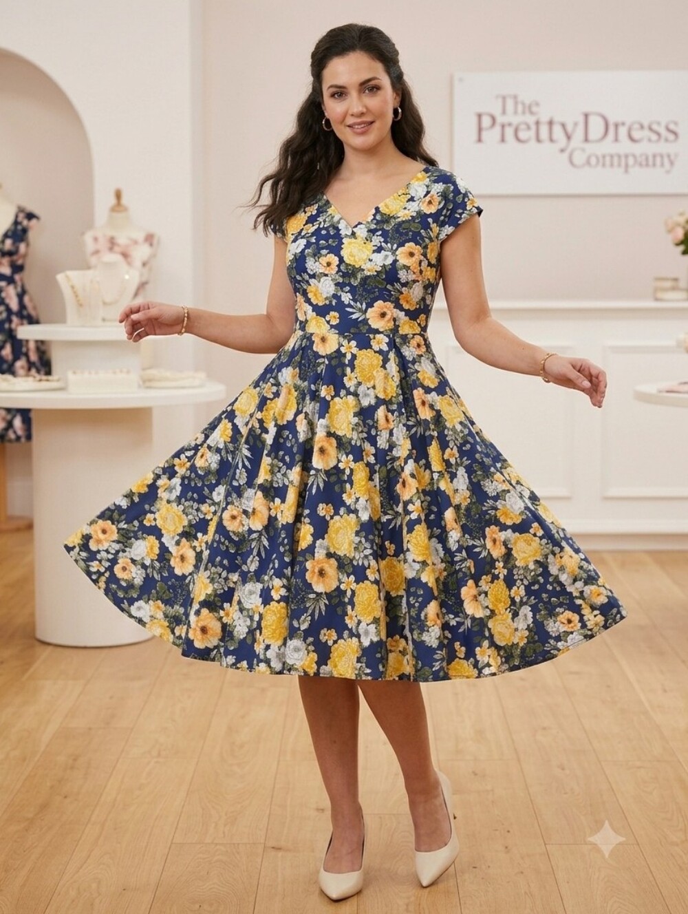 THE PRETTY DRESS COMPANY Floral V-Neck Fit & Flare Midi Dress Cotton Size US 20